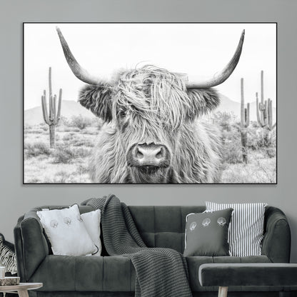 94579-MGV-CV-36X24-Highland Cow Wall Art – Black and White Longhorn Canvas Print, Rustic Western Farmhouse Animal Photography for Living Room,