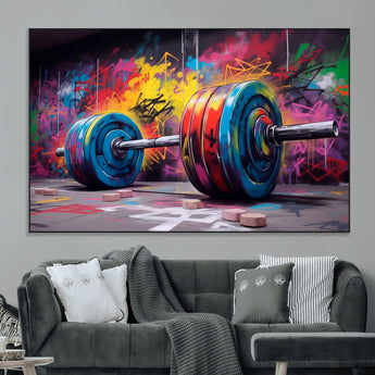 13549-MGV-CV-36X24-Graffiti Gym Wall Art Canvas Print, Framed Graffiti Barbell Art Picture Print, Weightlifting Perfect Fitness Studio Decor Artwork
