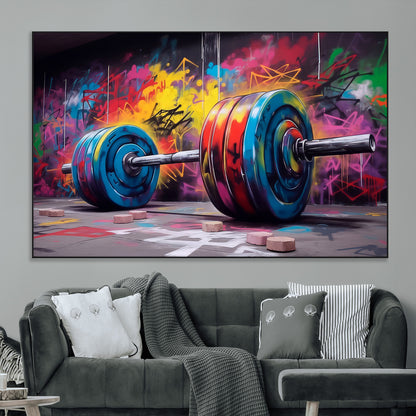 13549-MGV-CV-36X24-Graffiti Gym Wall Art Canvas Print, Framed Graffiti Barbell Art Picture Print, Weightlifting Perfect Fitness Studio Decor Artwork