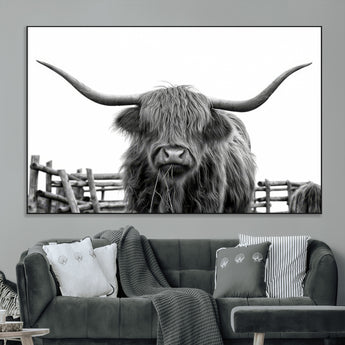 58188-MGV-CV-36X24-Highland Cow Wall Art – Black and White Rustic Farmhouse Canvas Print, Longhorn Cattle Photography Decor for Living Room or