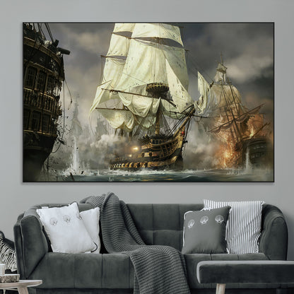 26512-MGV-CV-36X24-Naval Battle Wall Art – Dramatic Tall Ship Canvas Print, Historic Pirate Sailing War Scene, Nautical Decor for Office, Study or