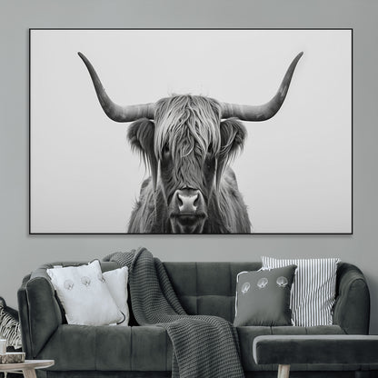 35820-MGV-CV-36X24-Minimalist Highland Cow Wall Art – Black and White Longhorn Cattle Canvas Print, Modern Farmhouse Animal Photography Decor for