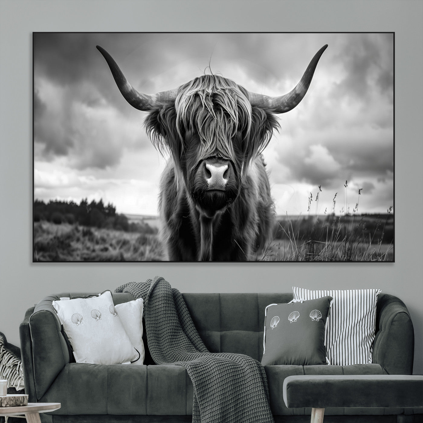 17924-MGV-CV-36X24-Highland Cow Wall Art – Black and White Rustic Longhorn Cattle Canvas Print, Farmhouse Animal Photography Decor for Country Home