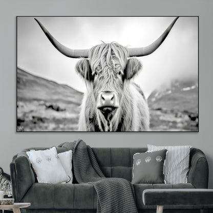 80564-MGV-CV-36X24-Highland Cow Wall Art – Black and White Scottish Highland Canvas Print, Rustic Farmhouse Decor for Living Room, Bedroom or Office
