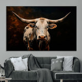 70522-MGV-CV-36X24-Longhorn Bull Wall Art – Striking Canvas Print of Majestic Bull, Premium Animal Decor for Home, Office, Man Cave, or Living Room