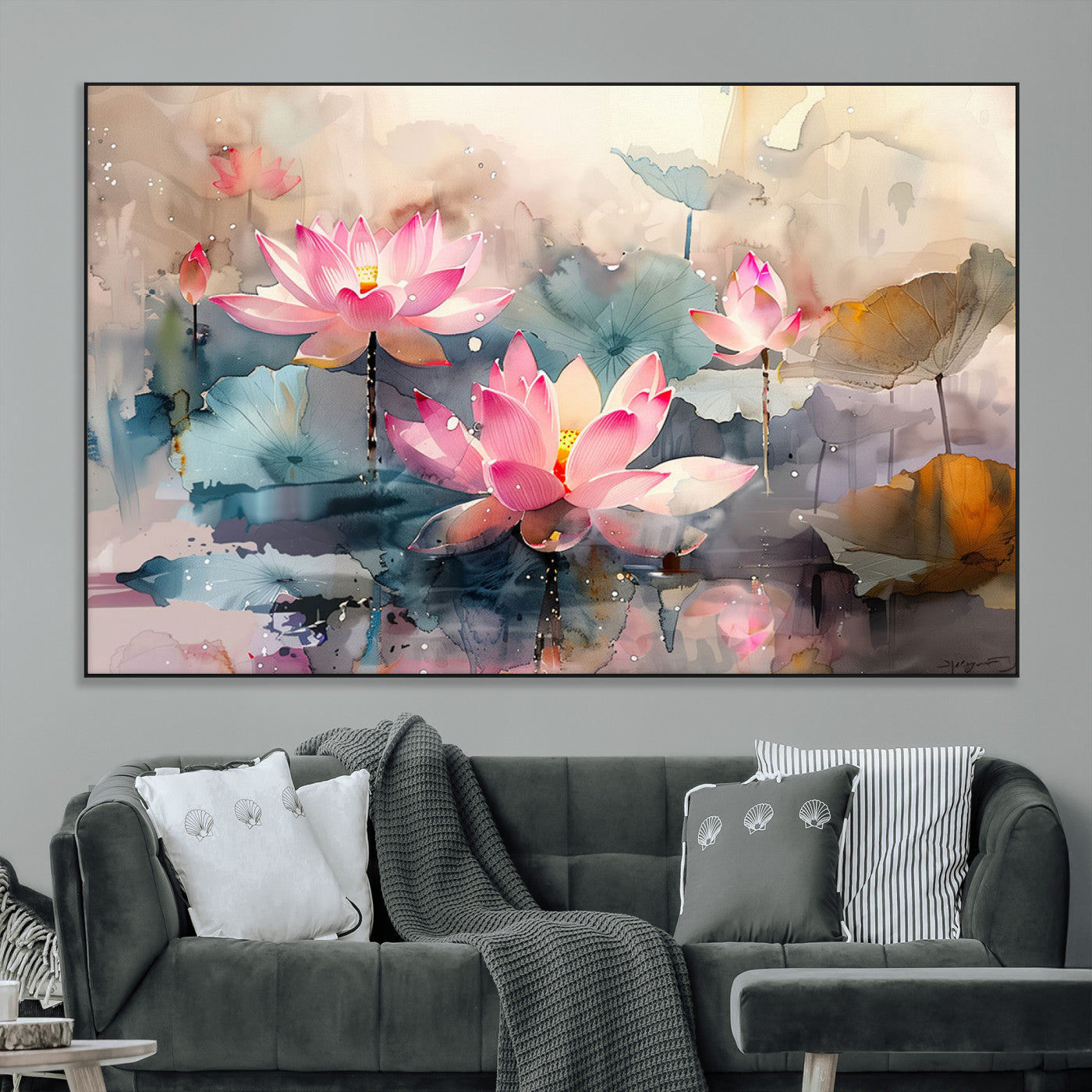 27936-MGV-CV-36X24-Lotus Pond Wall Art – Watercolor Pink Lotus Flowers Canvas Print, Tranquil Botanical Artwork for Bedroom, Living Room or