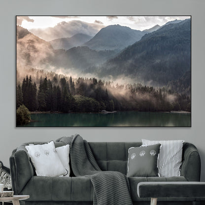 61116-MGV-CV-36X24-Misty Mountain Lake Wall Art – Tranquil Foggy Forest and Lake Canvas Print, Scenic Nature Landscape Decor for Living Room or