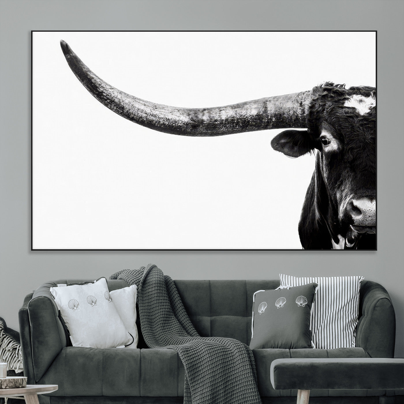 31699-SEG-FC-51X34_Oversize_Oversize-Longhorn Wall Art – Black and White Texas Longhorn Cow Canvas Print, Rustic Western Farmhouse Artwork for Living Room, Bedroom or