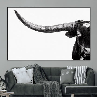 31699-SEG-FC-51X34_Oversize_Oversize-Longhorn Wall Art – Black and White Texas Longhorn Cow Canvas Print, Rustic Western Farmhouse Artwork for Living Room, Bedroom or