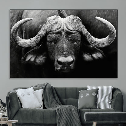 75273-MGV-CV-36X24-Buffalo Wall Art – Black and White African Buffalo Canvas Print, Rustic Wildlife Animal Artwork for Farmhouse, Living Room,