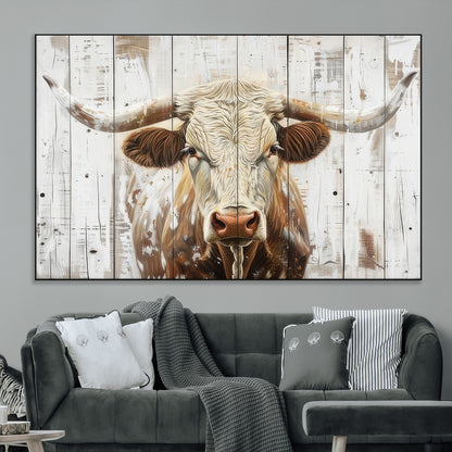 71551-MGV-CV-36X24-Longhorn Bull Wall Art – Rustic Western Cow Canvas Print, Farmhouse Animal Painting with Wood Plank Style for Living Room, Office