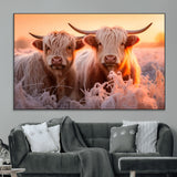 68253-MGV-CV-36X24-Highland Cow Wall Art – Rustic Farmhouse Cattle Canvas Print, Frosty Sunset Animal Artwork for Living Room, Bedroom or Country