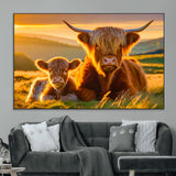 20567-MGV-CV-36X24-Highland Cow and Calf Wall Art – Rustic Farmhouse Sunset Cattle Canvas Print, Country Animal Artwork for Living Room, Bedroom, or