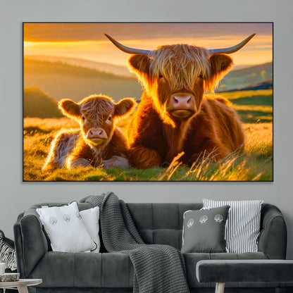 20567-MGV-CV-36X24-Highland Cow and Calf Wall Art – Rustic Farmhouse Sunset Cattle Canvas Print, Country Animal Artwork for Living Room, Bedroom, or