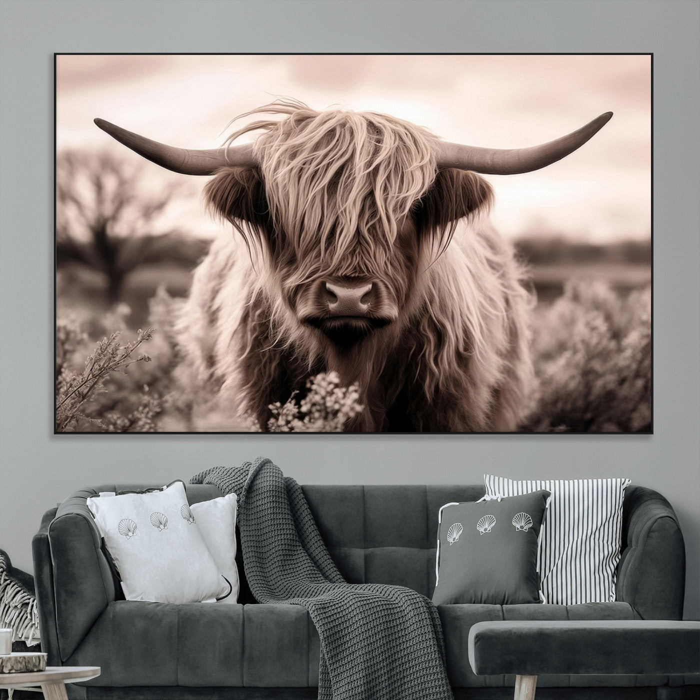 55903-MGV-CV-36X24-Highland Cow Wall Art – Rustic Sepia Scottish Highland Bull Canvas Print, Farmhouse Country Animal Decor for Living Room, Bedroom