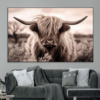 55903-MGV-CV-36X24-Highland Cow Wall Art – Rustic Sepia Scottish Highland Bull Canvas Print, Farmhouse Country Animal Decor for Living Room, Bedroom