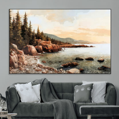 77145-MGV-CV-36X24-Coastal Landscape Wall Art – Panoramic Rocky Shoreline and Pine Trees Canvas Print, Rustic Nature Decor for Cabin, Lodge, Office,