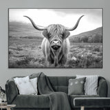 52903-MGV-CV-36X24-Highland Cow Wall Art – Black and White Canvas Print Rustic Cattle Portrait, Farmhouse Country Decor for Living Room, Office,