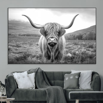52903-MGV-CV-36X24-Highland Cow Wall Art – Black and White Canvas Print Rustic Cattle Portrait, Farmhouse Country Decor for Living Room, Office,