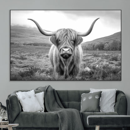 52903-MGV-CV-36X24-Highland Cow Wall Art – Black and White Canvas Print Rustic Cattle Portrait, Farmhouse Country Decor for Living Room, Office,