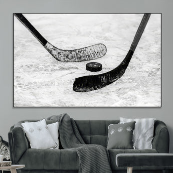 82900-MGV-CV-36X24-Hockey Wall Art – Black and White Canvas Print Ice Rink Sticks Puck Sports Photography, Modern Decor for Game Room, Man Cave,