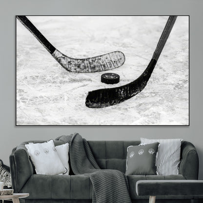 82900-MGV-CV-36X24-Hockey Wall Art – Black and White Canvas Print Ice Rink Sticks Puck Sports Photography, Modern Decor for Game Room, Man Cave,