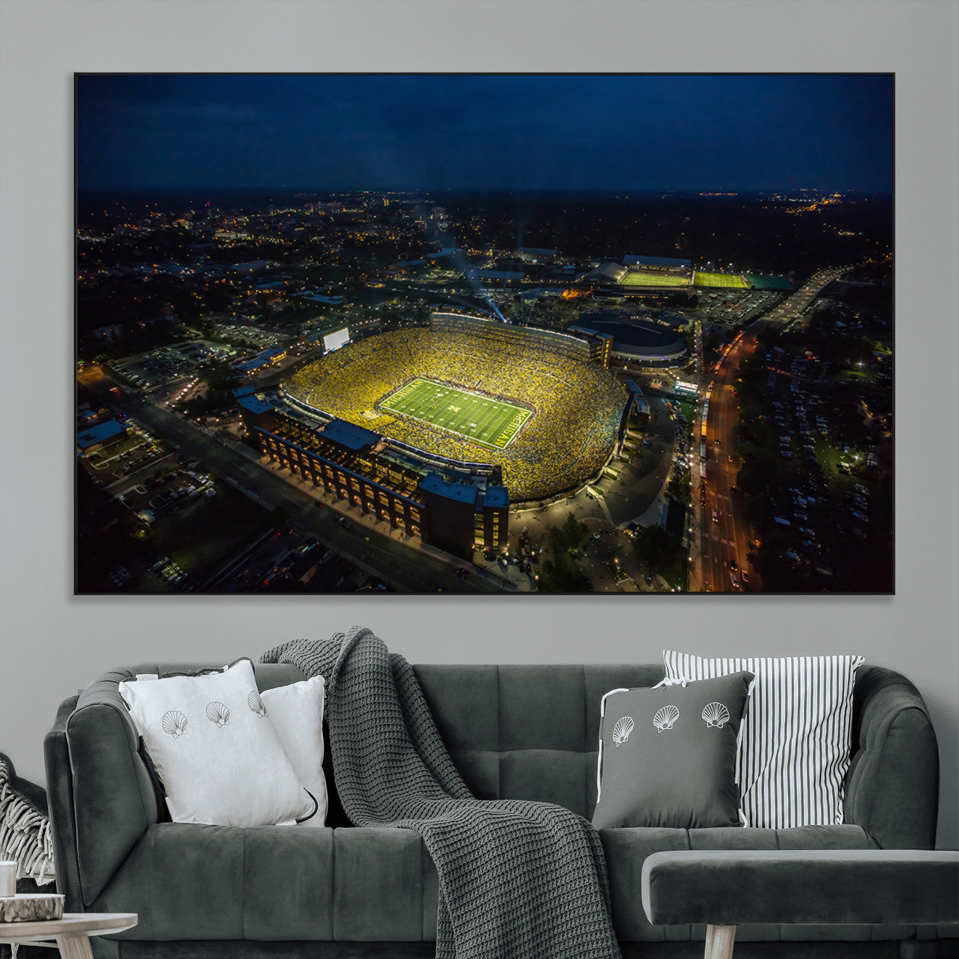 33588-MGV-CV-36X24-Football Stadium Wall Art – Aerial Night Game Canvas Print Packed Field City Lights, Sports Photography Decor for Game Room, Man