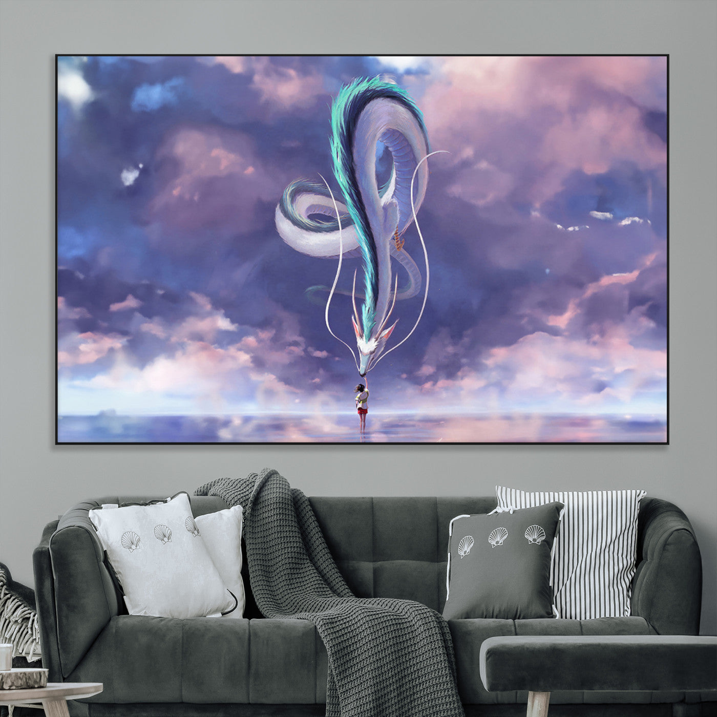 66864-MGV-CV-36X24-Fantasy Dragon Wall Art – Mystical Canvas Print Girl and Sky Serpent Dreamlike Clouds, Magical Anime Inspired Decor for Living