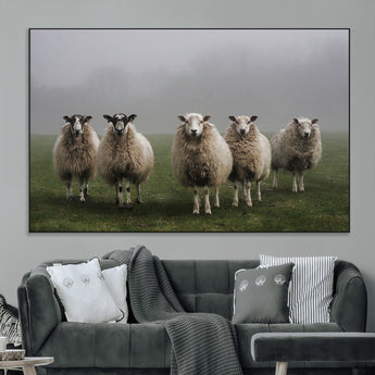87339-MGV-CV-36X24-Sheep Wall Art – Rustic Farmhouse Canvas Print Flock Standing Misty Field Countryside Photography, Country Animal Decor for Living