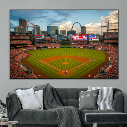 Baseball Stadium Wall Art – Canvas Print Game Day Field City Skyline Iconic Arch Scene Sports Photography, Decor for Game Room, Man Cave, Bar, Office