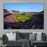 90998-MGV-CV-36X24-Baseball Stadium Wall Art – Canvas Print Day Game Field Packed Crowd Bright Blue Sky Sports Photography, Classic Decor for Game