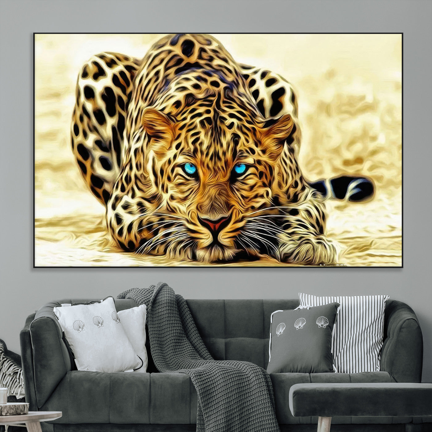 45281-MGV-CV-36X24-Blue Eye Leopard Wall Art Canvas Print, Framed Leopard Painting Art Picture Print, Big Cat Perfect Safari Wildlife Decor Artwork