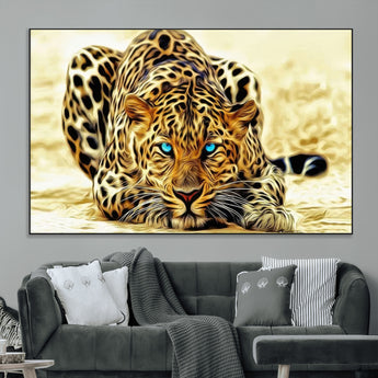 45281-MGV-CV-36X24-Blue Eye Leopard Wall Art Canvas Print, Framed Leopard Painting Art Picture Print, Big Cat Perfect Safari Wildlife Decor Artwork