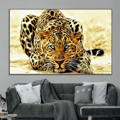 45281-MGV-CV-36X24-Blue Eye Leopard Wall Art Canvas Print, Framed Leopard Painting Art Picture Print, Big Cat Perfect Safari Wildlife Decor Artwork