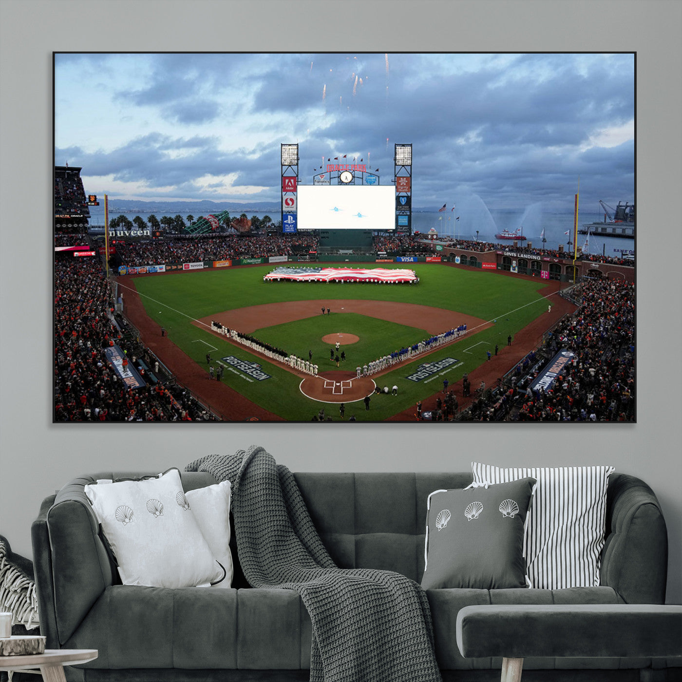 44631-MGV-CV-36X24-Oracle Park Stadium Wall Art Canvas Print, Framed San Francisco Giants Art Picture Print, Giants Stadium Field Perfect Sports Room