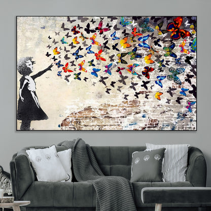 97895-MGV-CV-36X24-Girl with Butterflies Wall Art – Colorful Street Art Style Canvas Print, Modern Graffiti-Inspired Butterfly Artwork for Living