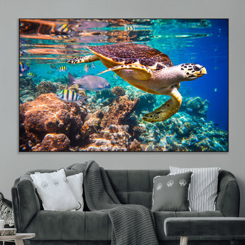 66614-MGV-CV-36X24-Sea Turtle Wall Art – Hawksbill Turtle Swimming Over Coral Reef Canvas Print, Ocean Marine Life Decor for Beach House, Coastal