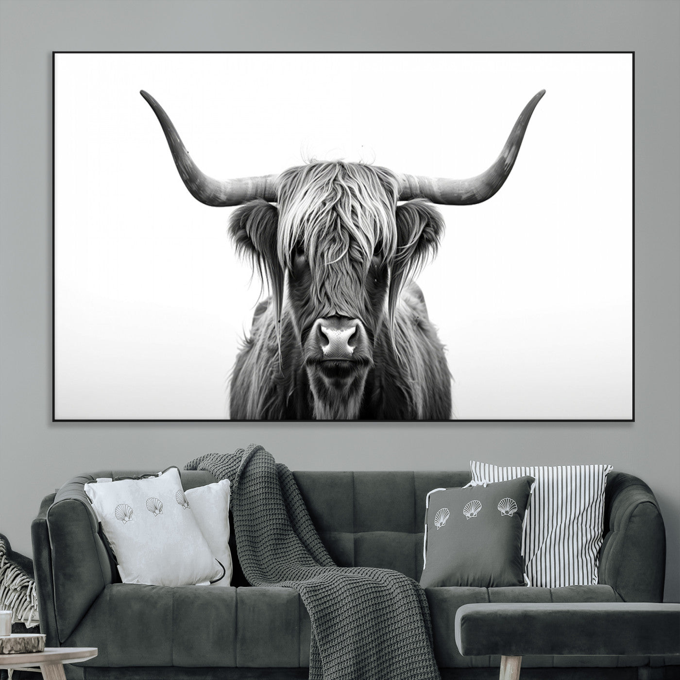 49556-MGV-CV-36X24-Highland Cow Wall Art – Black and White Scottish Highland Cattle Print, Rustic Farmhouse Minimalist Animal Portrait Canvas for