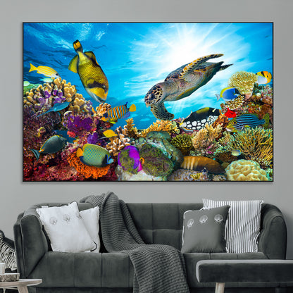 44772-MGV-CV-36X24-Underwater Sea Turtle Wall Art – Vibrant Coral Reef and Tropical Fish Canvas Print, Ocean Marine Life Decor for Living Room,