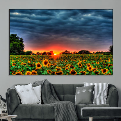 45045-MGV-CV-36X24-Sunflower Field Sunset Wall Art – Dramatic Stormy Sky Landscape Print, Vibrant Yellow Floral Nature Canvas for Living Room,