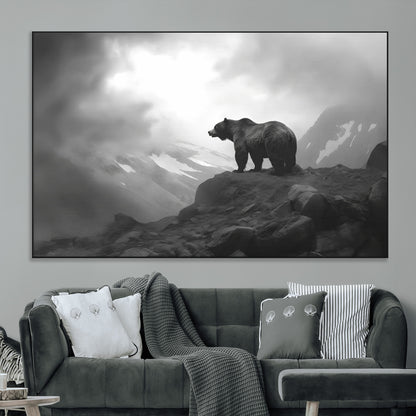 49504-MGV-CV-36X24-Black and White Grizzly Bear Wall Art – Wilderness Wildlife Painting, Rustic Mountain Cabin Decor, Monochrome Animal Print for