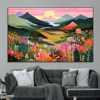99638-MGV-CV-36X24-Sunset Meadow Wall Art – Panoramic Mountain Landscape with Wildflowers Canvas Print, Vibrant Nature Decor for Living Room, Bedroom
