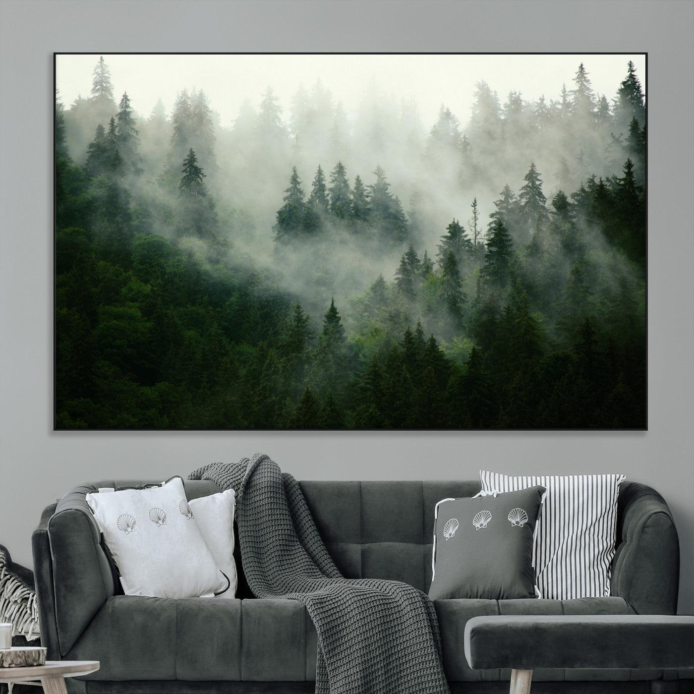167720496-MGV-CV-36X24-Misty Forest Wall Art – Serene Evergreen Trees Canvas Print, Foggy Mountain Nature Landscape Decor for Bedroom, Living Room or