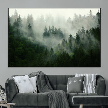167720496-MGV-CV-36X24-Misty Forest Wall Art – Serene Evergreen Trees Canvas Print, Foggy Mountain Nature Landscape Decor for Bedroom, Living Room or