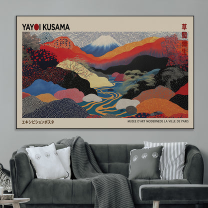 49228-MGV-FC-93X47-3P_Black-Kusama Wall Art – Vibrant Japanese Landscape Canvas Print, Modern Abstract Mountain and River Decor for Living Room, Office or Art