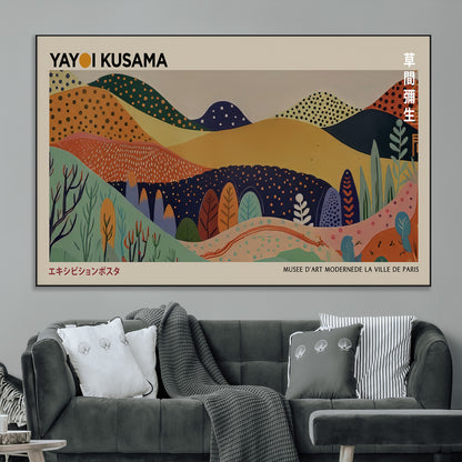 11242-MGV-CV-36X24-Kusama Wall Art – Abstract Colorful Hills Canvas Print, Modern Japanese Inspired Landscape Poster for Living Room, Office or