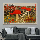 38013-MGV-CV-36X24-Yayoi Kusama Inspired Mushroom Garden Wall Art – Whimsical Botanical Canvas Print, Surreal Nature Poster, Fantasy Floral Artwork