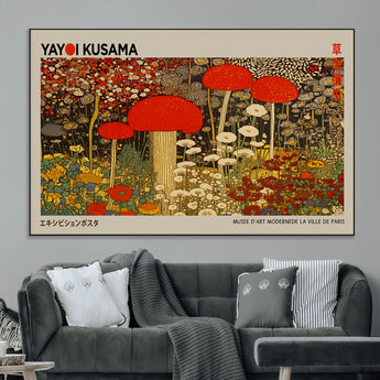 38013-MGV-CV-36X24-Yayoi Kusama Inspired Mushroom Garden Wall Art – Whimsical Botanical Canvas Print, Surreal Nature Poster, Fantasy Floral Artwork