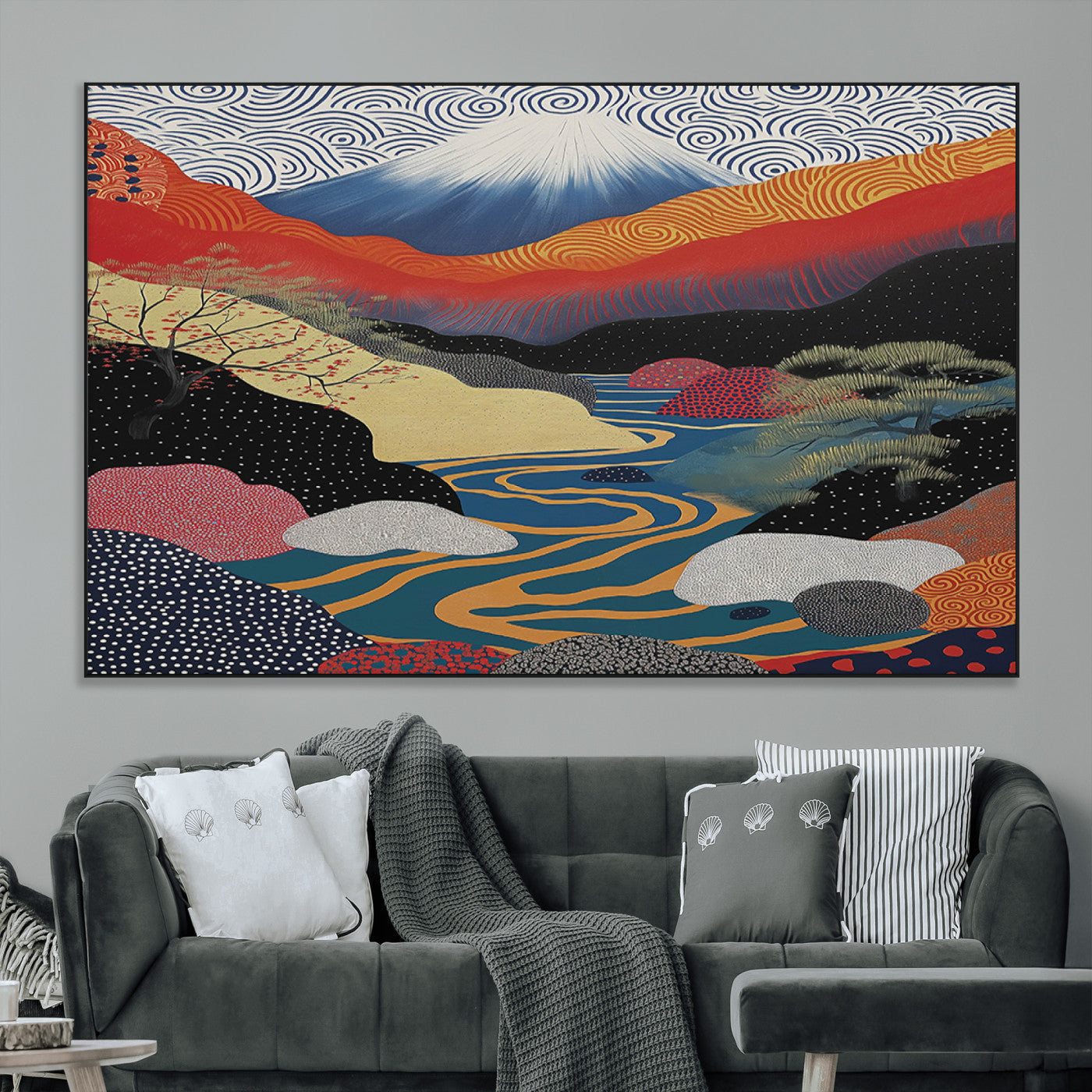 32131-MGV-CV-36X24-Japanese Mount Fuji Wall Art – Abstract Landscape Canvas Print with Swirling Sky & River, Modern Minimalist Asian Inspired Poster