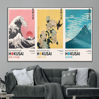 Katsushika-MGV-CV-36X24-Katsushika Hokusai Wall Art Set – The Great Wave, Hydrangea and Swallow, Fine Wind Canvas Prints, Japanese Ukiyo e Style Home and